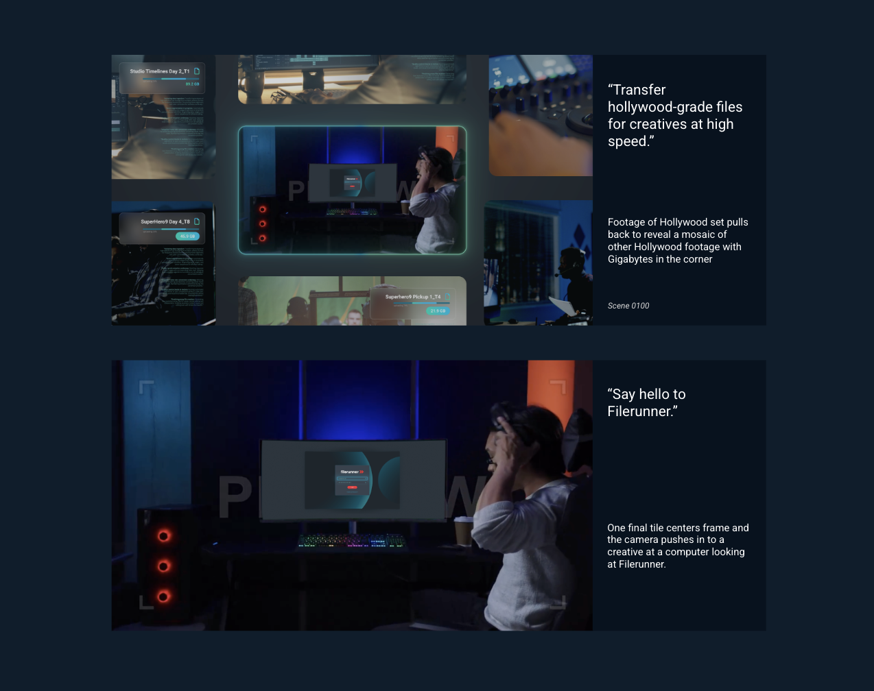 Storyboard frames showing the Hollywood-set reveal and the "Say hello to Filerunner" beat.